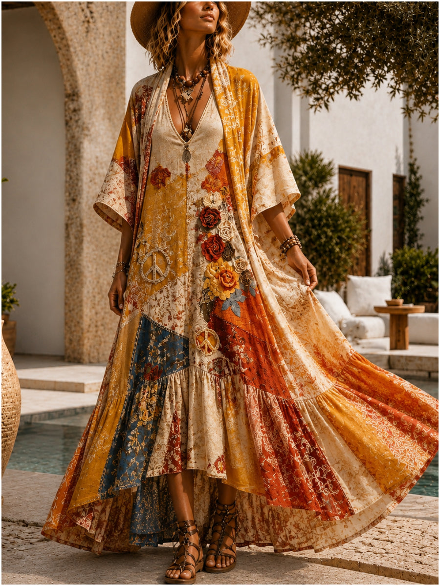 Retro Style Art Printed Vintage Camisole Dress Long Sleeve Two-Piece Maxi Dress